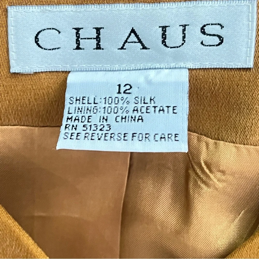 Chaus Vintage 100% Silk Jacket Skirt Suit Set SZ 12/10 Lined Shoulder Pad Career